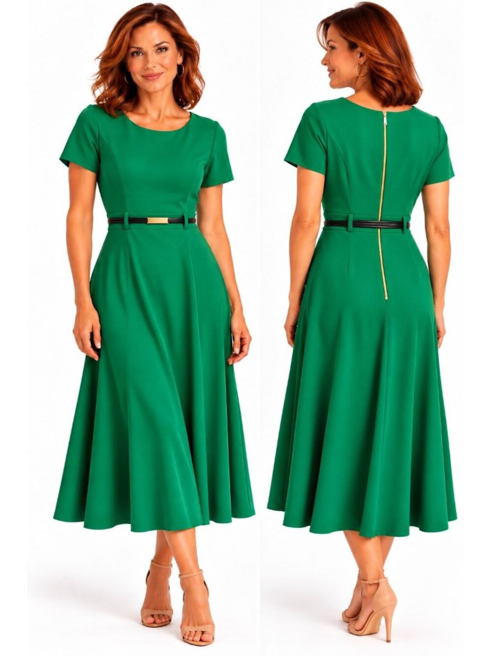 Calvin Klein Size 16 Green Short Sleeve Fit & Flare Dress Gold Zipper Belt
